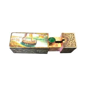 Antique Lipstick Case Cabochon Jade Repousse 800 Silver Enamel Boat Mirror